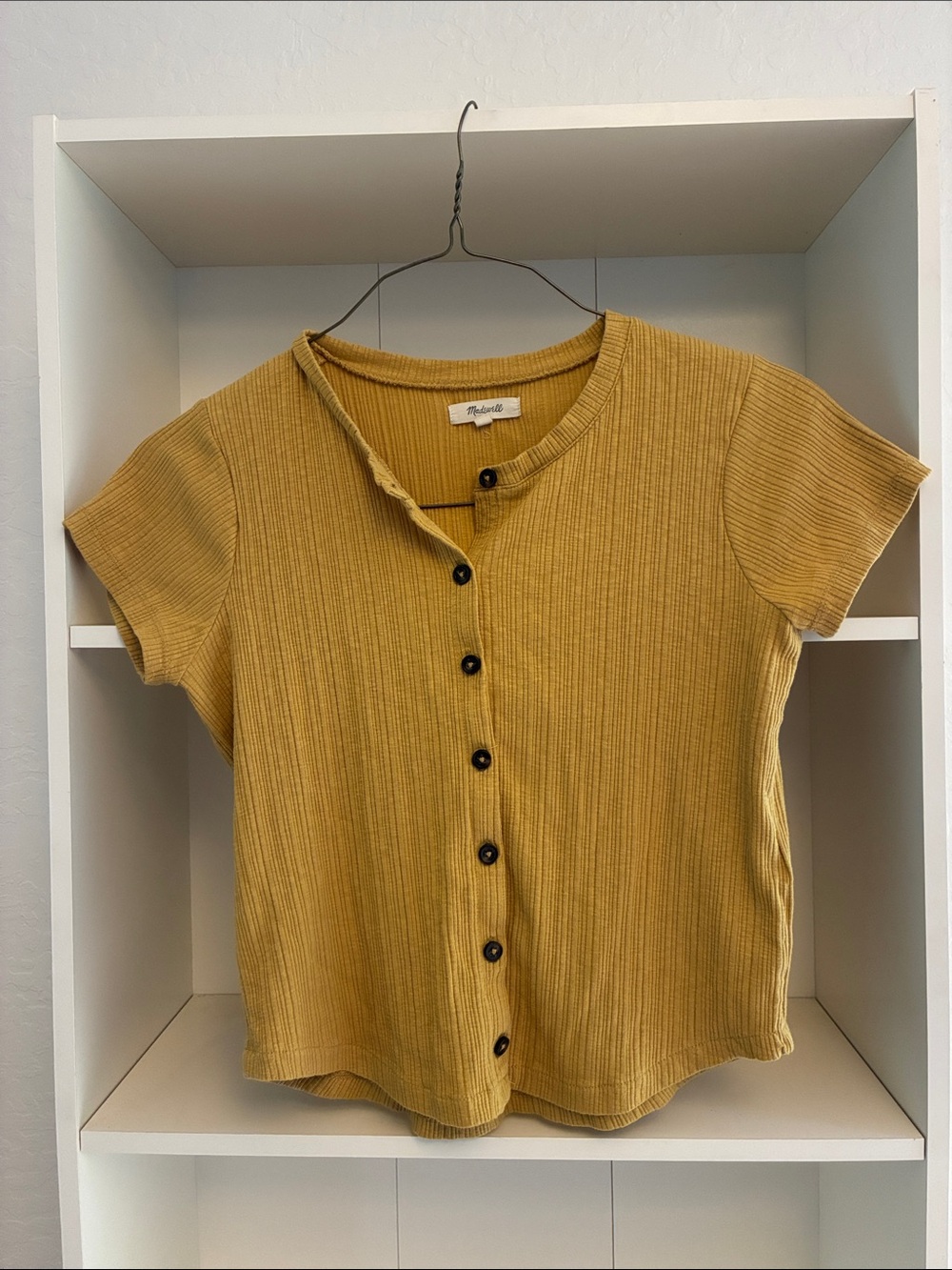 Madewell Mustard Yellow Ribbed Button-Front Short Sleeve Top